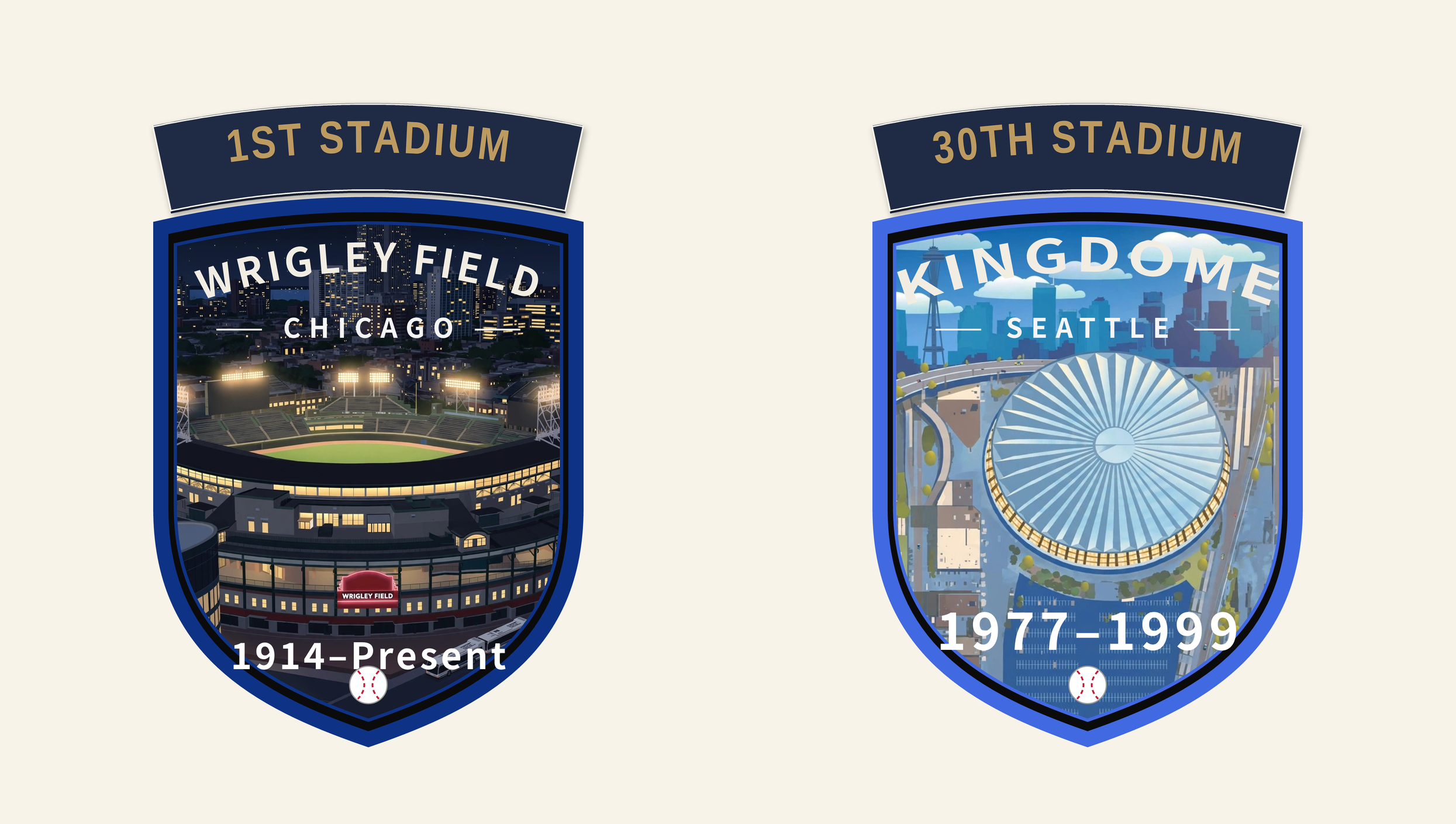 Two milestone banners in gold letters on navy: 1st Stadium arched over the Wrigley Field shield patch, Chicago, 1914 to Present, and 30th Stadium arched over the Kingdome shield patch, Seattle, 1977–1999