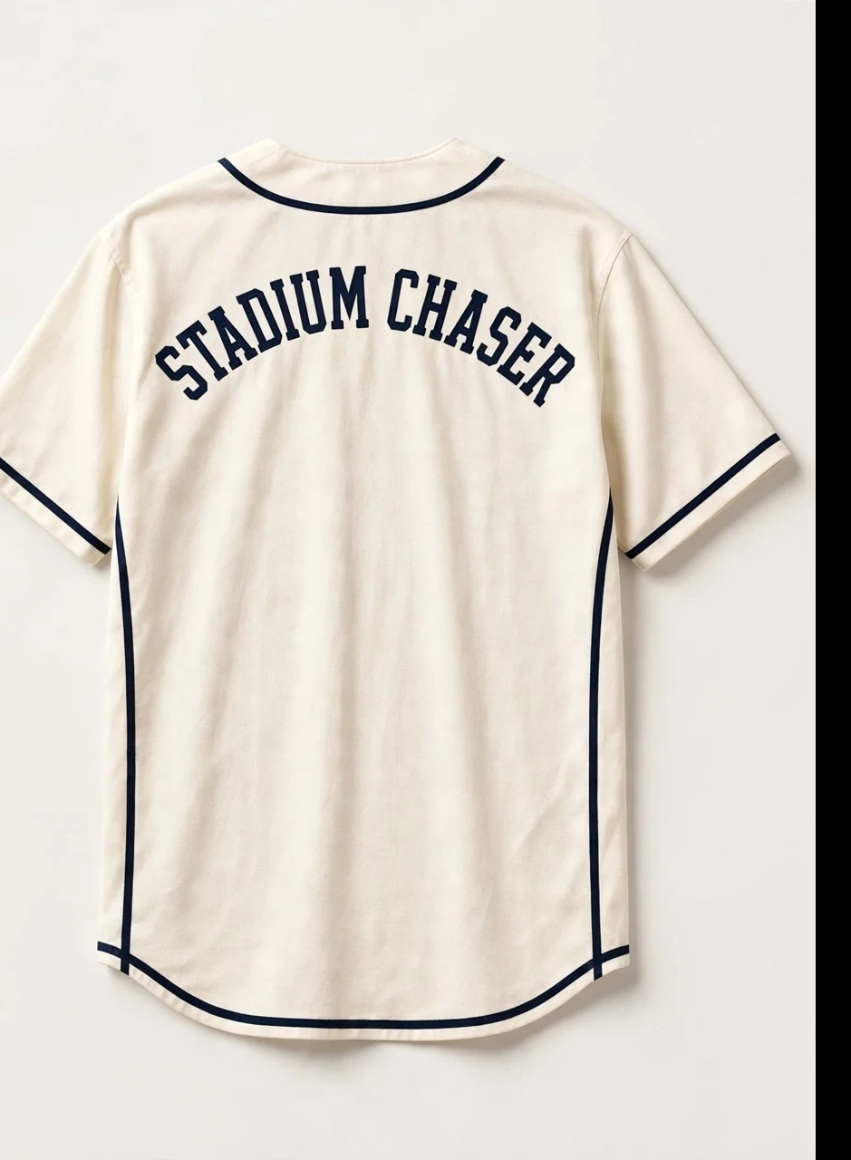 Back of the cream Stadium Chaser jersey with STADIUM CHASER arched across the shoulders in navy lettering